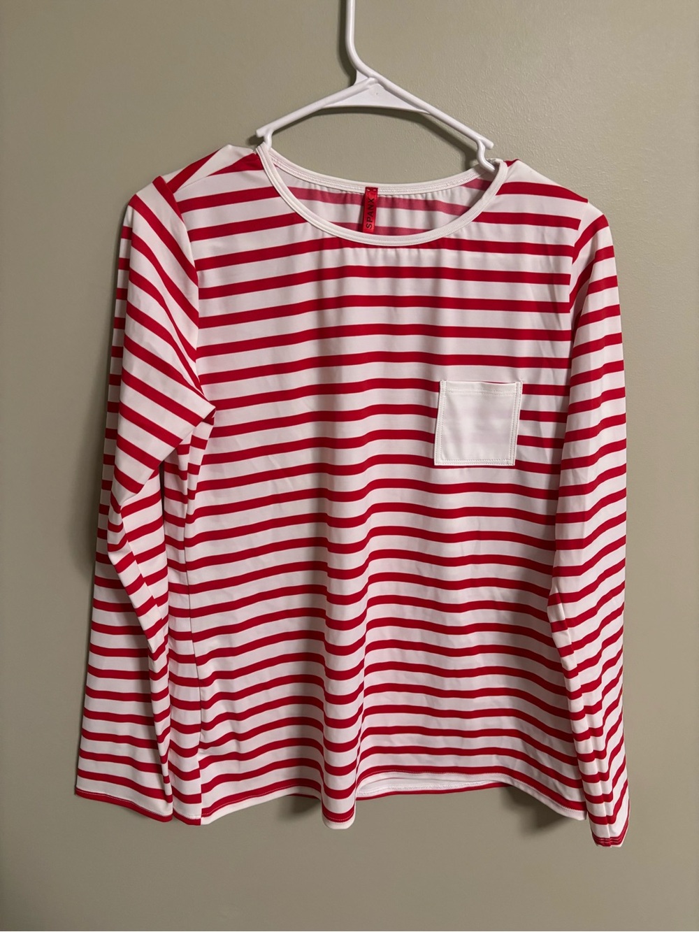 Spanx L/S Stripe Sun Shirt UPF 50 Stretch Size Large Red White Stripes New Waldo